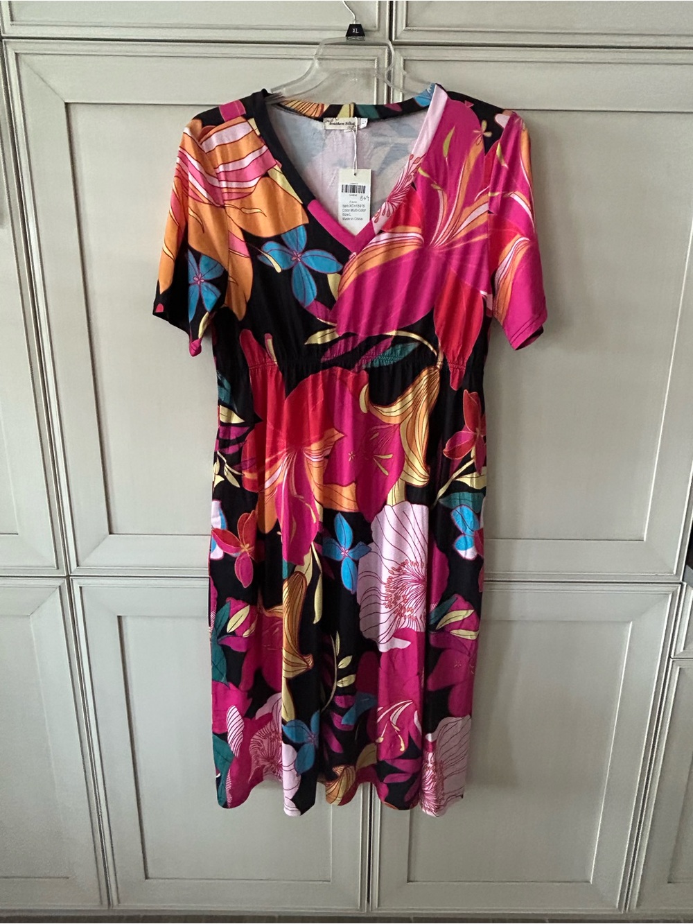 Floral V-Neck Midi Dress in Fuchsia & Black